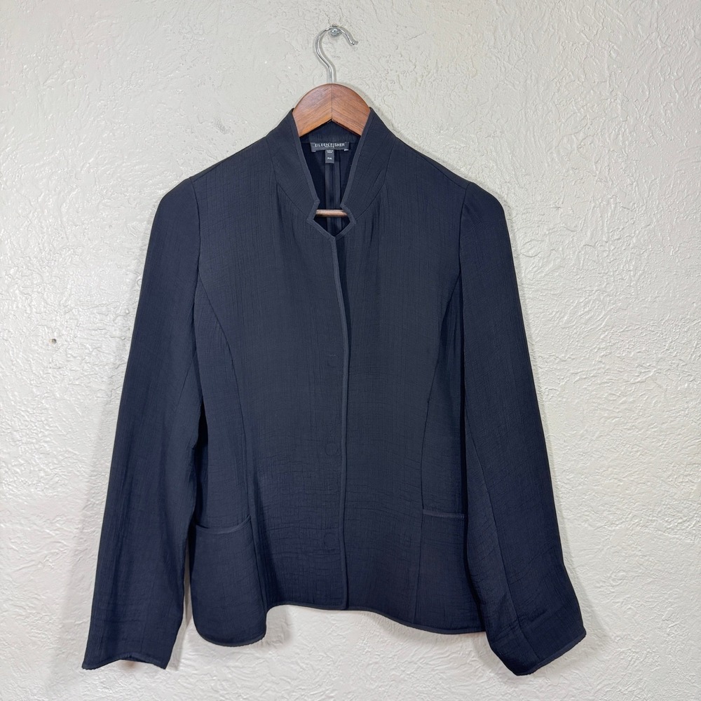 Eileen Fisher Jacket PM Textured Magnetic Stand Collar Silk Travel Blazer Luxury